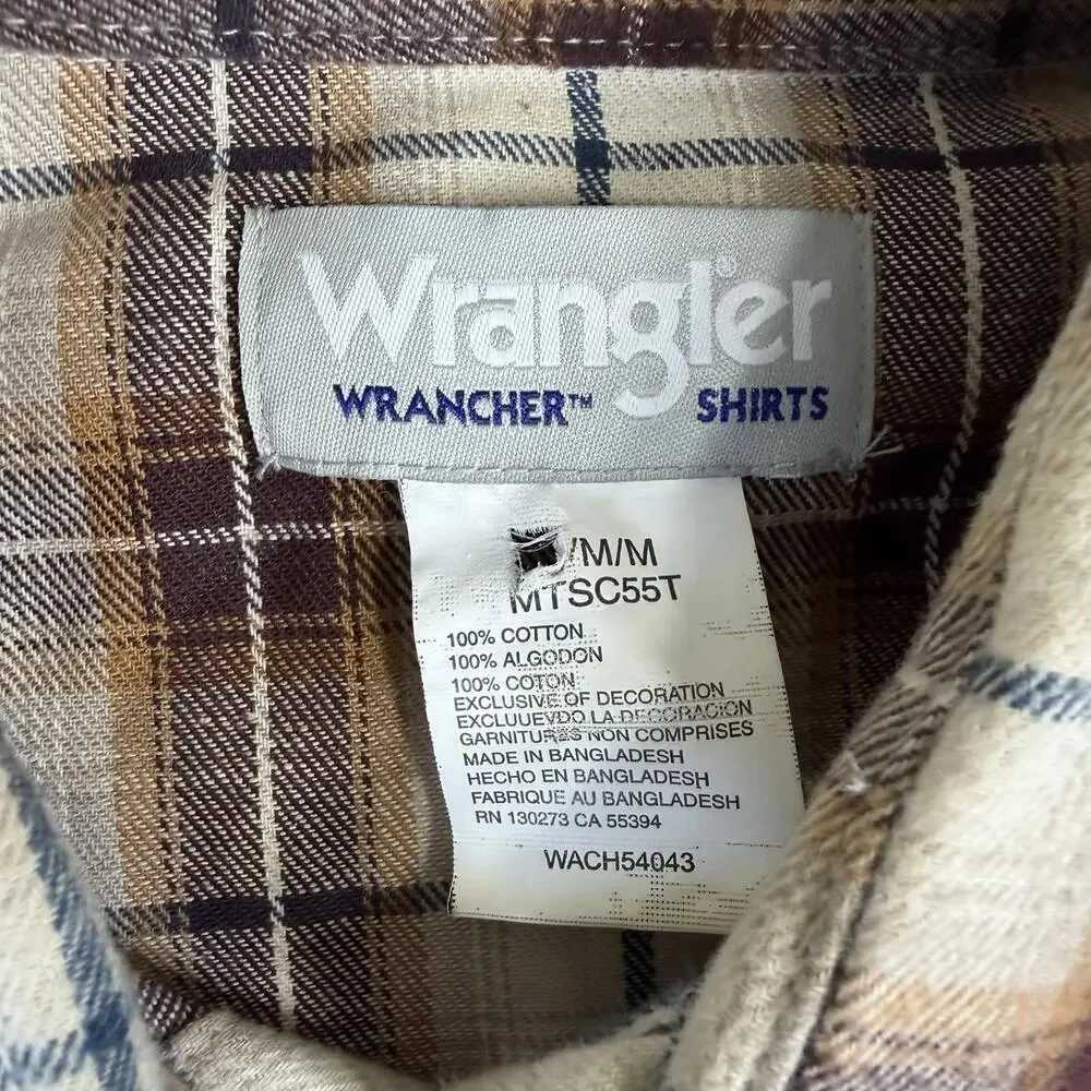 Wrangler Western Flannel Shirt Mens Medium Brown Plaid Pearl Snap Wrancher